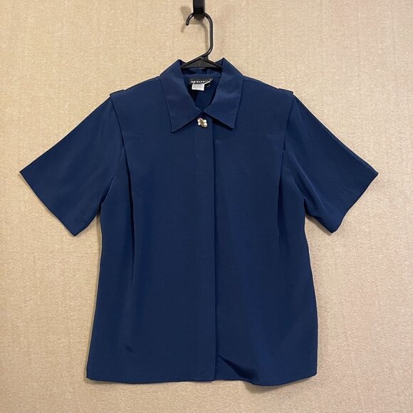 Notations Blouse Women's 10 Petite Navy Blue Short Sleeves - Picture 1 of 11